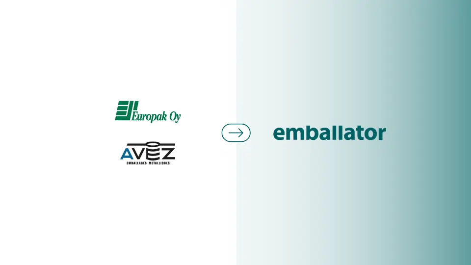 Europak Oy and AVEZ logos connected by an arrow to the Emballator logo, illustrating a company transition or integration.
