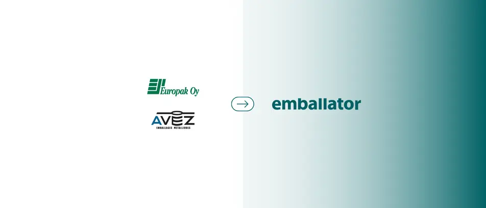 Europak Oy and AVEZ logos connected by an arrow to the Emballator logo, illustrating a company transition or integration.