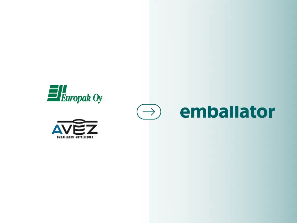 Europak Oy and AVEZ logos connected by an arrow to the Emballator logo, illustrating a company transition or integration.